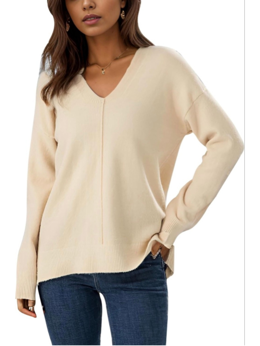 NEW Wool Blend V Neck Sweater Long Sleeve Soft Knit Pullover M
